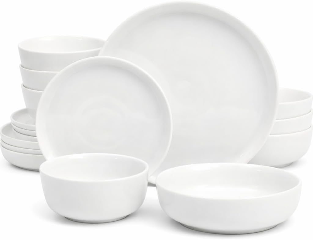 Gibson Home Plates and Bowls Sets - Dinnerware Set for 4, 16-Piece White Dishes — Ceramic Dish Set| Microwave & Dishwasher Safe Dishes - Oslo Collection