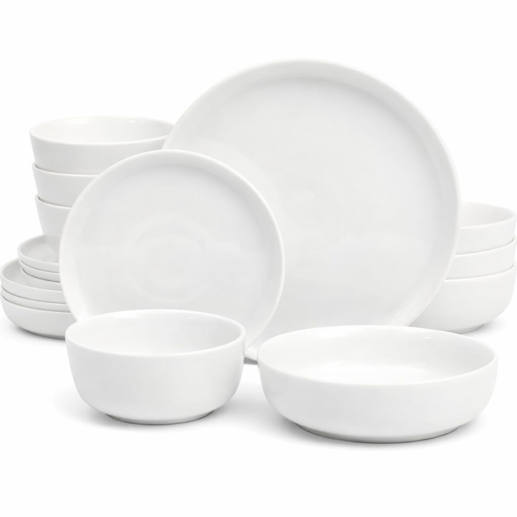 Gibson Home Plates and Bowls Sets - Dinnerware Set for 4, 16-Piece White Dishes — Ceramic Dish Set| Microwave & Dishwasher Safe Dishes - Oslo Collection