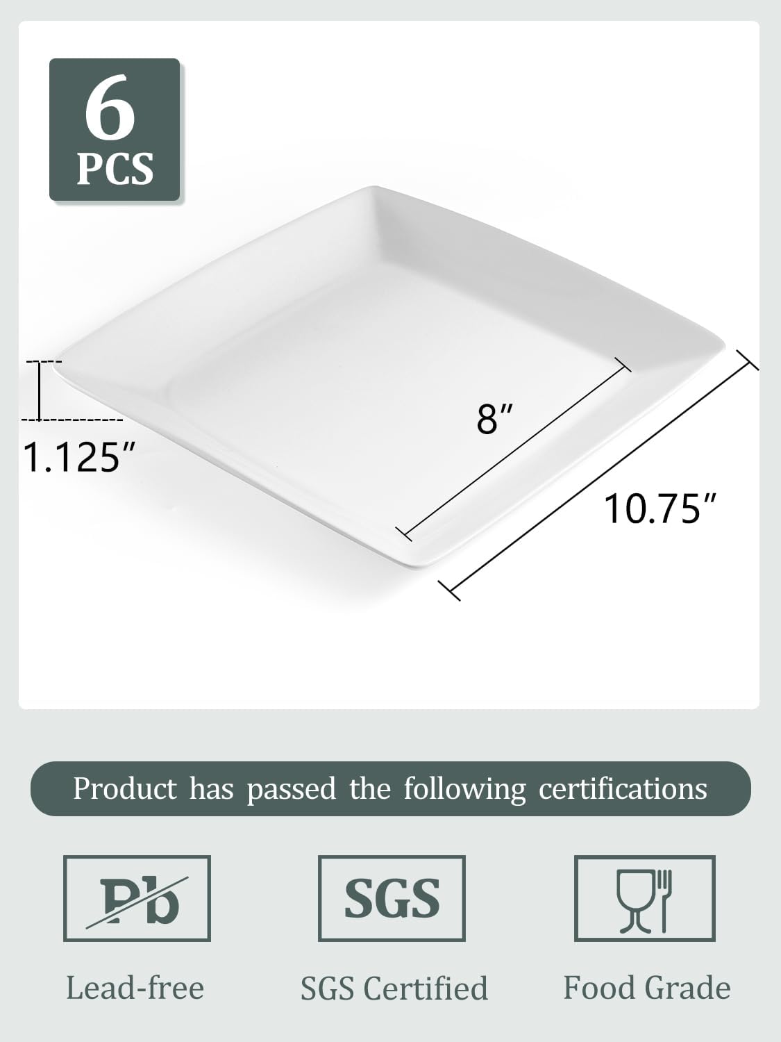 Porcelain Square Dinner Plates, 10.75 Inch Square Serving Plate for Steak, Pasta, Salad, Snacks, Pizza, Appetizer Plates, Set of 6, White | Ceramic Tableware, Raised Rim, Microwave & Dishwasher Safe, Stackable, for Steak, Pasta, Pizza, Everyday Dining, Ea