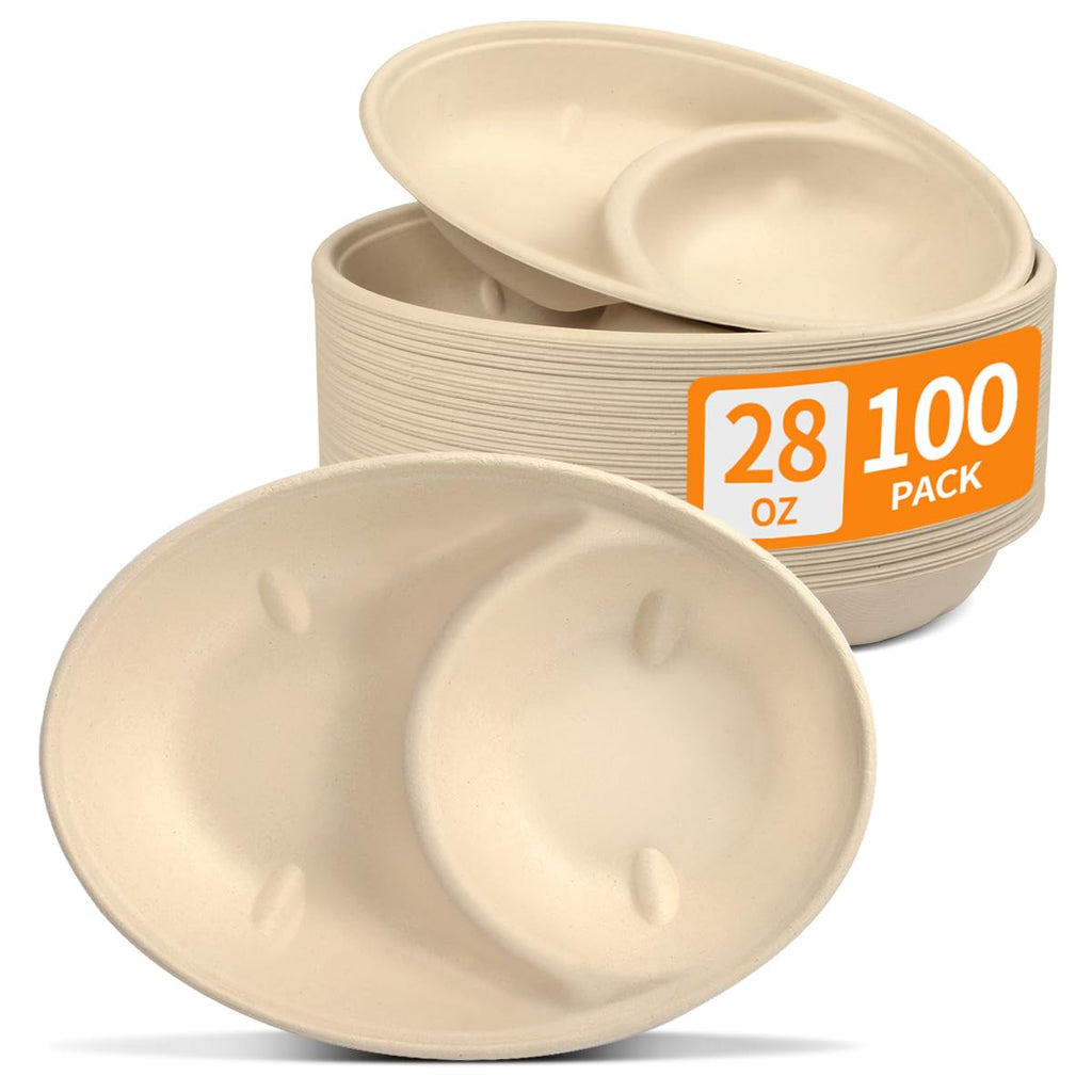 28 oz Oval Paper Bowls 100 Pack For Burrito, Nacho, Taco Salad | PFAS-Free Oval Disposable Bowls As Nacho Trays Chipotle Serving Bowls Taco Boats, Compostable Microwavable Taco Bar Supplies