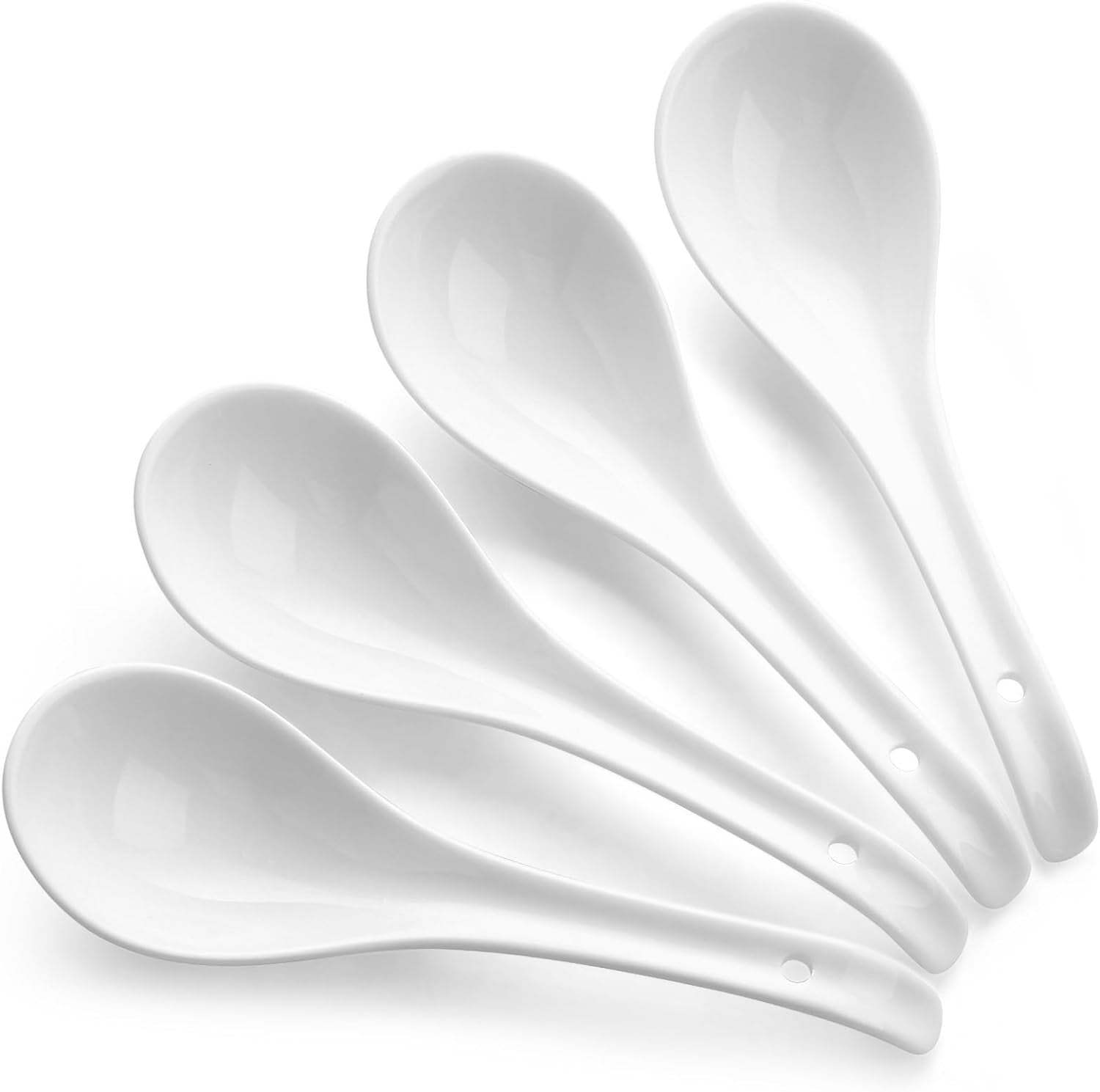 DOWAN Soup Spoons, Ceramic Asian Soup Spoons, White Japanese Spoon Large for Ramen Pho Wonton Dumpling Miso, Deep Oval Hook Design, Set of 4 (4, Soft white)