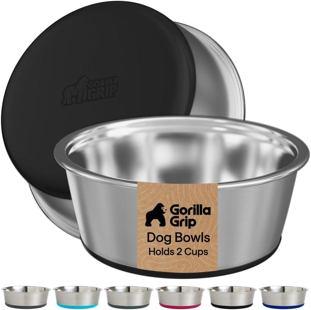 GORILLA GRIP Dog Bowls, Food Grade 304 Stainless Steel, Holds 2 US Cups Each (16 fl oz) Food and Water Bowl for Feeding Dogs and Cats, Dishwasher Safe, Rust Resistant BPA Free Rubber Base, 2 Set Black