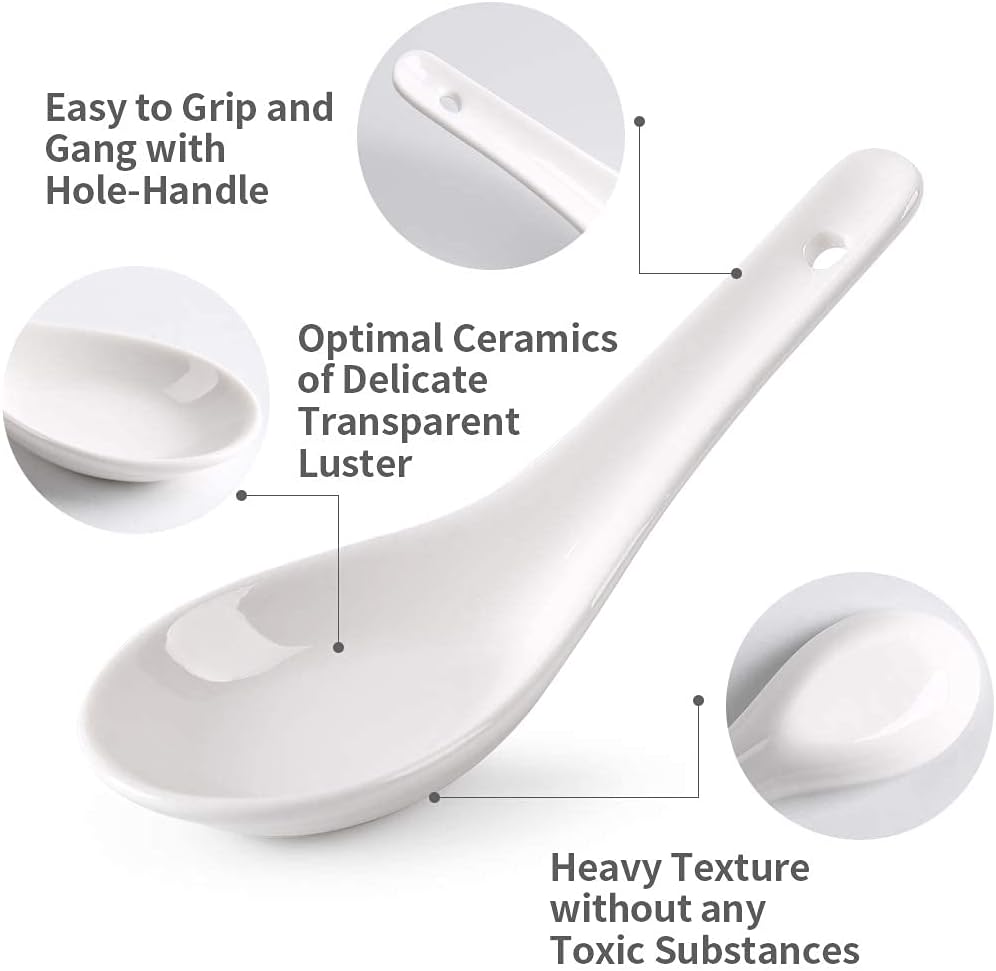 Soup Spoons, 6pcs Sturdy Asian Ceramic Spoons | Ceramic Soup Spoons, Proper for Pho Miso Wonton Ramen Dumpling Macaron, Dishwasher Safe, Oven Safe