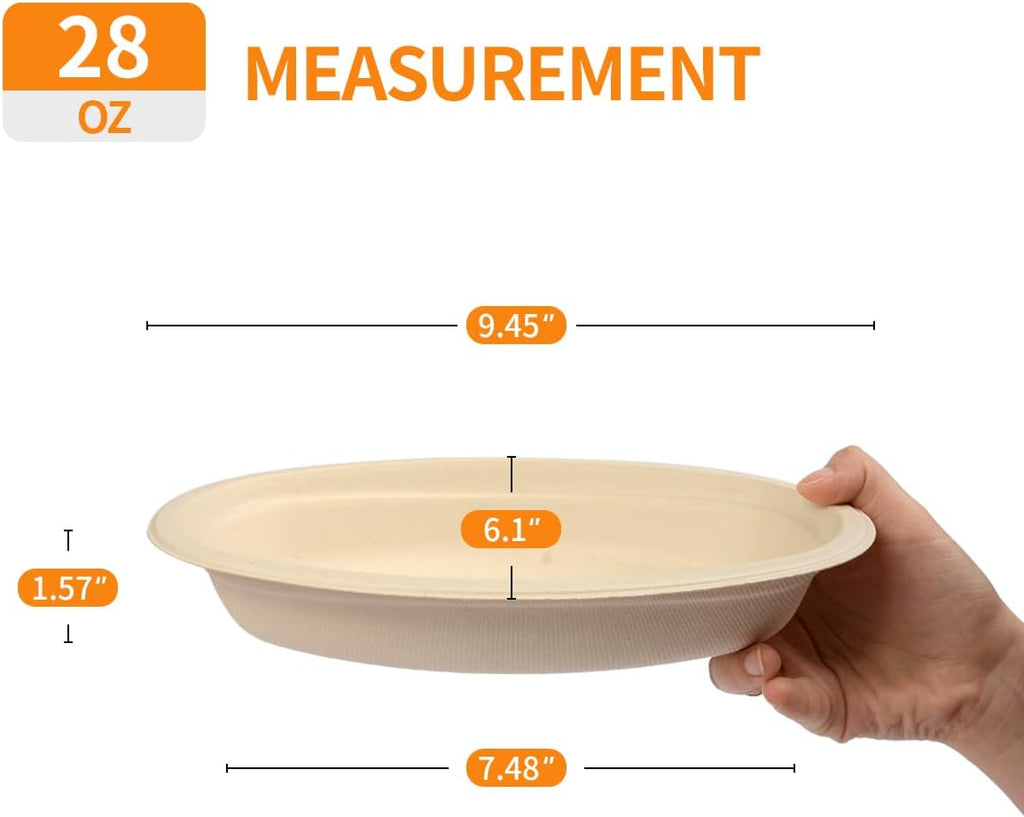28 oz Oval Paper Bowls 100 Pack For Burrito, Nacho, Taco Salad | PFAS-Free Oval Disposable Bowls As Nacho Trays Chipotle Serving Bowls Taco Boats, Compostable Microwavable Taco Bar Supplies