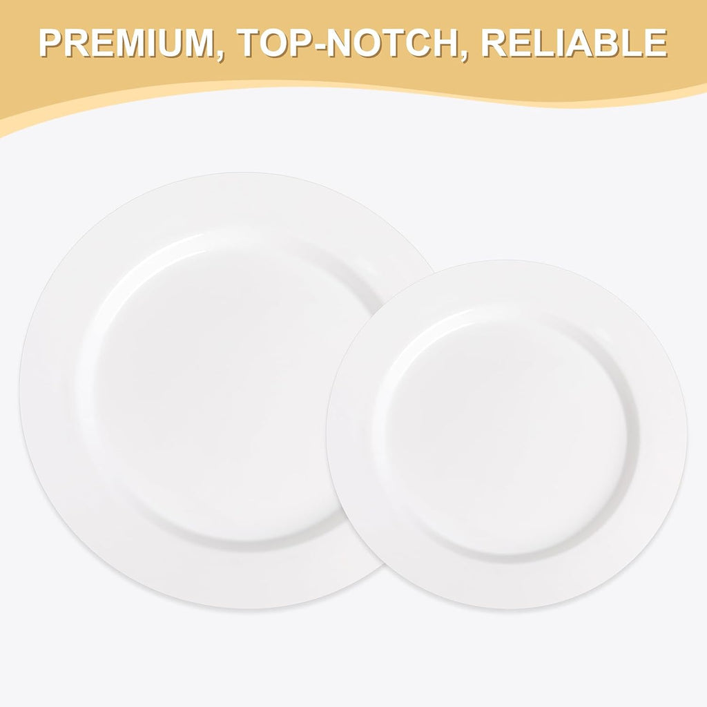 AOZITA 200 PCS White Plastic Plates, Premium Heavy Duty Disposable Plates for Party, 100 Dinner Plates & 100 Salad Dessert Plates, Sturdy Hard Plastic Dinnerware for Wedding, Events
