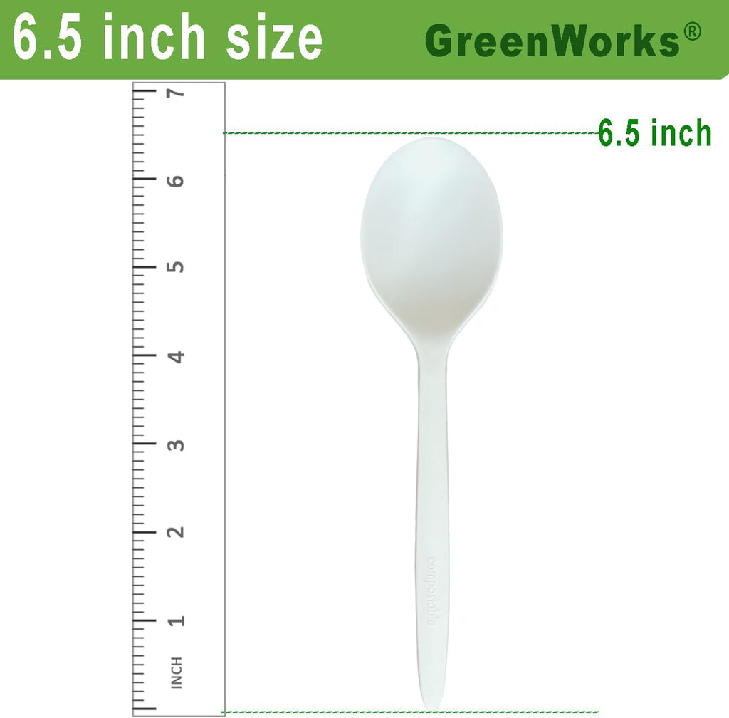 GreenWorks 100 Count 6.5" Large Compostable Soup Spoons,BPI Certified Heavy Duty Disposable Cutlery Soup Spoons
