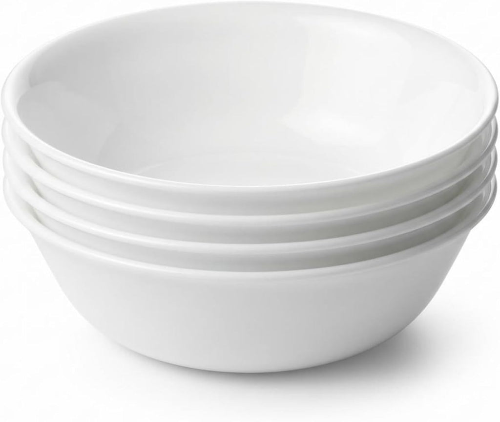 Corelle 4-Pc Meal Bowls Set Service for 4, Durable and Eco-Friendly 9-1/4-Inch Glass Bowls, Compact Stack Bowl Set, Microwave and Dishwasher Safe, White, 46 Ounces