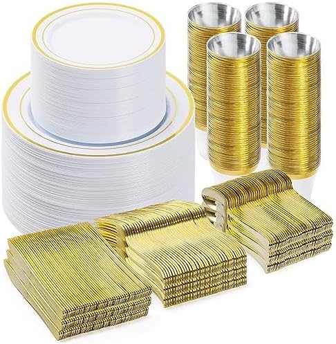 BESTVIP 600PCS Gold Dinnerware Set for 100 Guests, | for Party, 100 Gold Disposable Plates, 100 Dessert Plates, 100 Cups, 100 Spoons, 100 Forks and 100 Knives