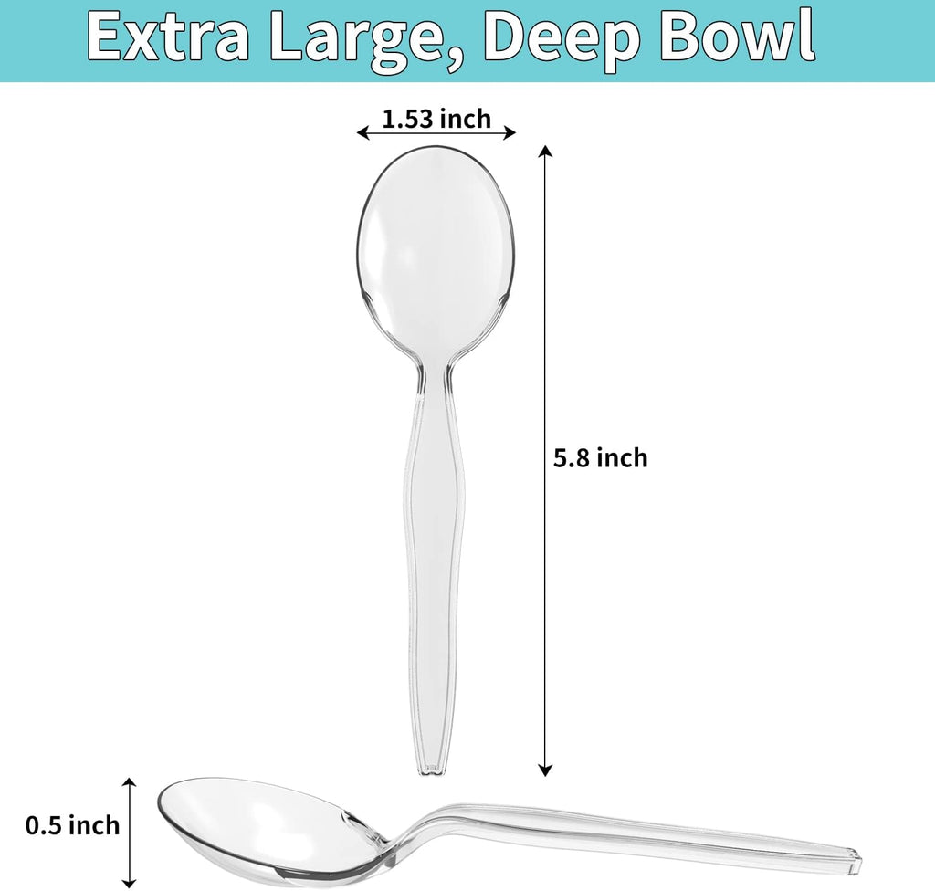Plastic Soup Spoons, Heavyweight Clear Cutlery, Disposable Utensils for Party Supply, Pack of 100