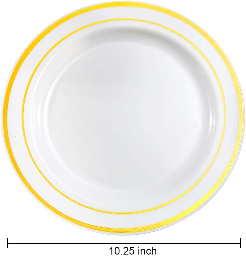 bUCLA 100Pieces Gold Plastic Dinner Plates - 10.25inch White and Gold Plates Disposable for Party - Ideal for Wedding, Party & Daily Use
