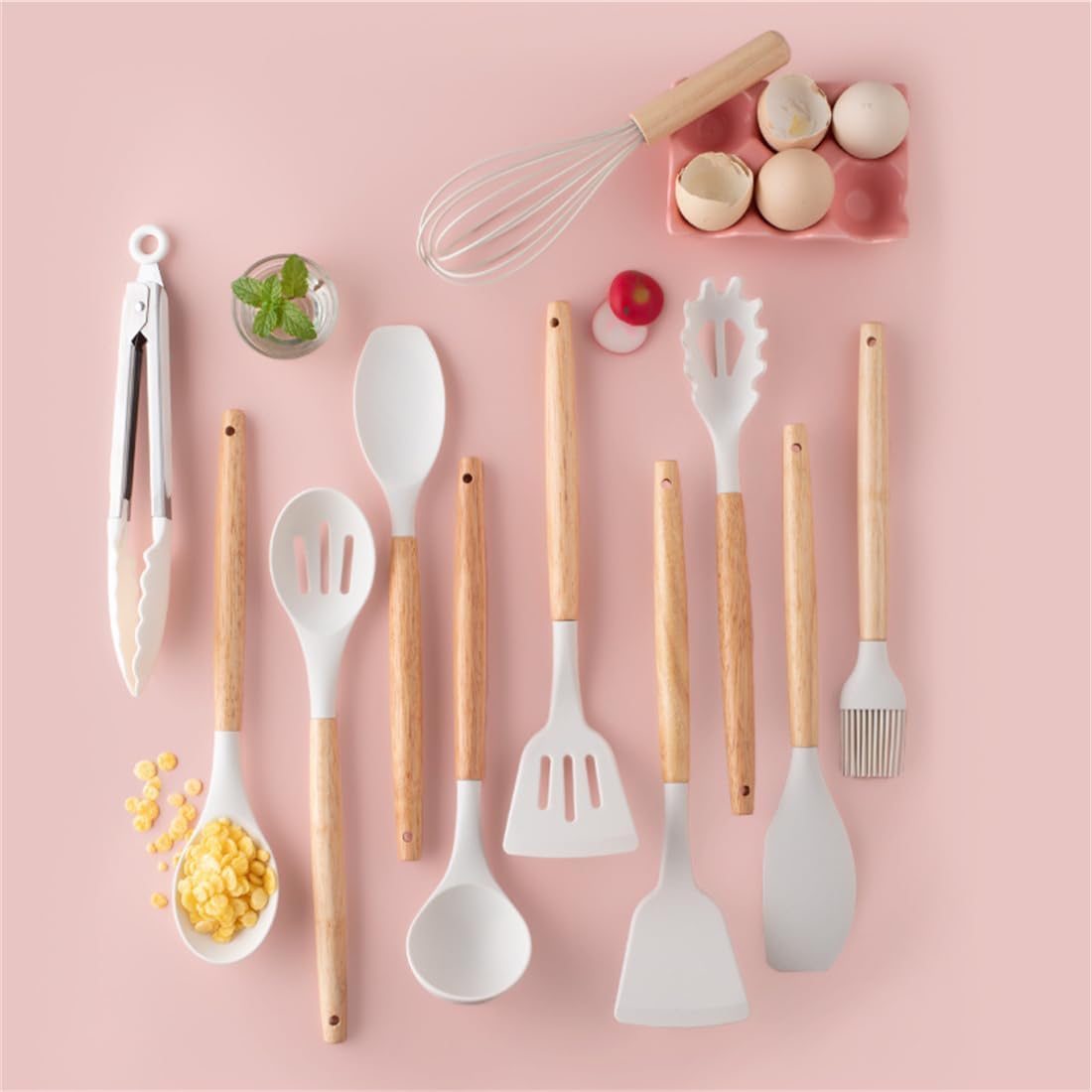 19 Pieces Kitchen Cooking Utensils and Knife Set with Holder Block, Include 11 Pcs Silicone Cooking Utensils 5 Pcs Sharp Stainless Steel Knives Scissors Whisk Tongs and Cutting Board (WHITE)