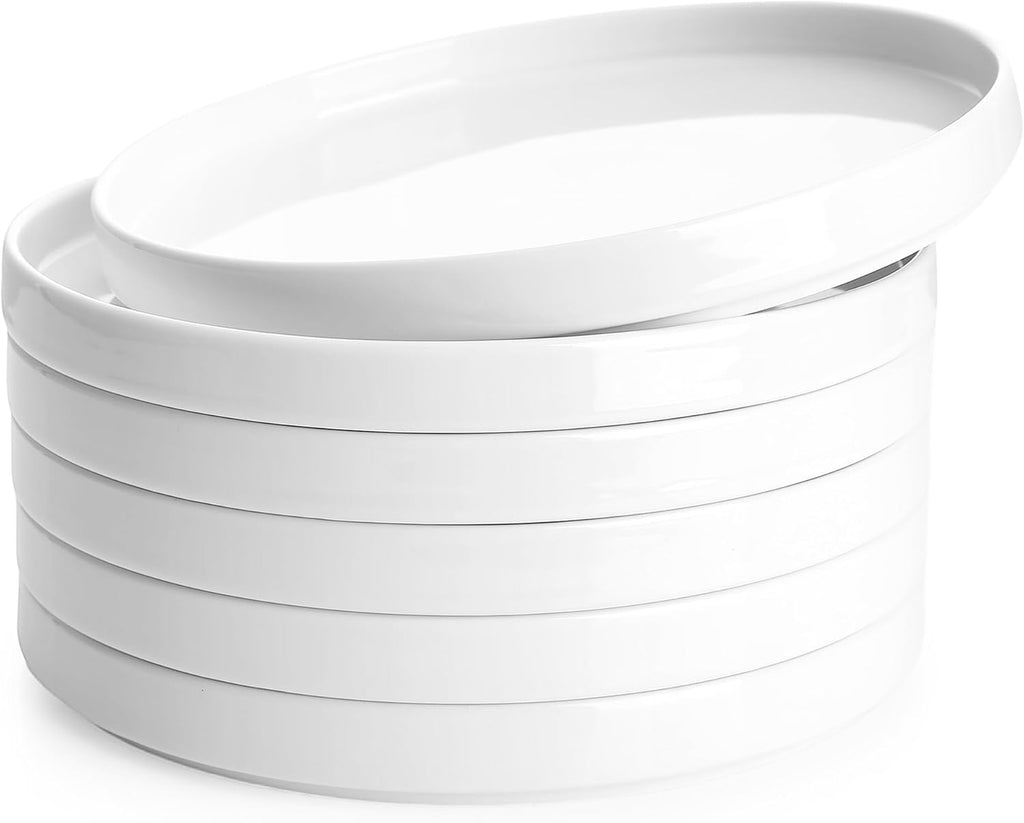 Sweese Porcelain Flat Dinner Plates Set of 6, 10.5 Inch High Edge Dish Set - Dishwasher, Microwave, Oven Safe, Scratch Resistant, Kitchen Serving Dishes - Elegant White Glaze