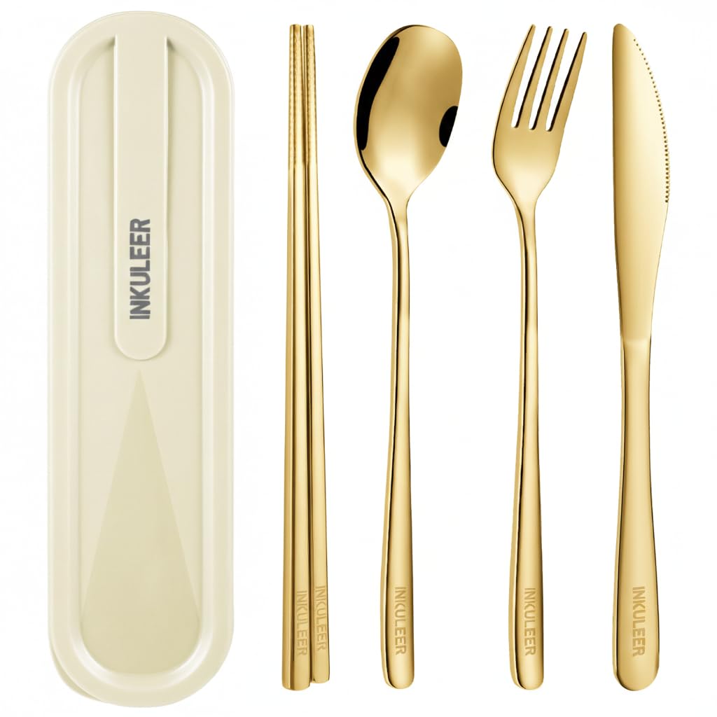 iNKULEER Travel cutlery set, 18/8 stainless steel cutlery, Reusable utensils set with case, Portable Silverware Lunch Box for Camping and Office (Pink)