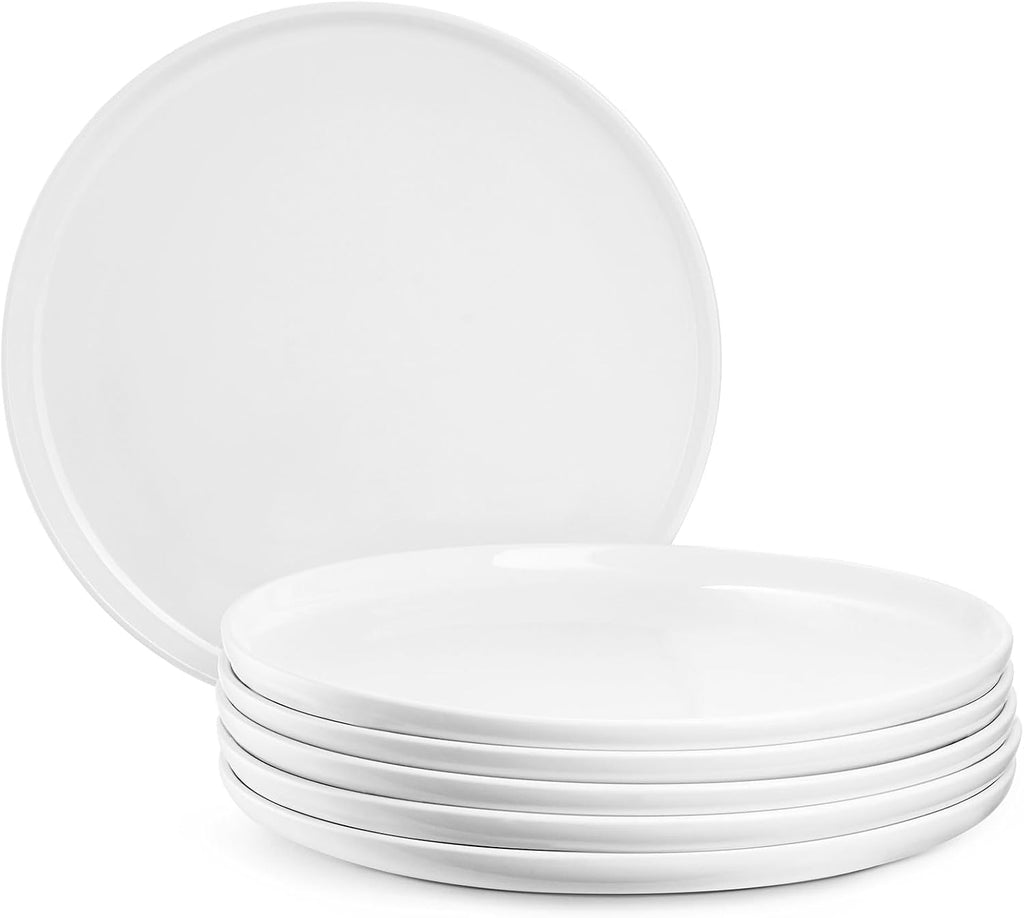Jassceram 10.5 Inch Dinner Plates Set of 6, Round, White | Ceramic Plates for Kitchen or Restaurant, Low-Rim, Microwave, Oven, Dishwasher Safe, Scratch Resistant and Lead-free