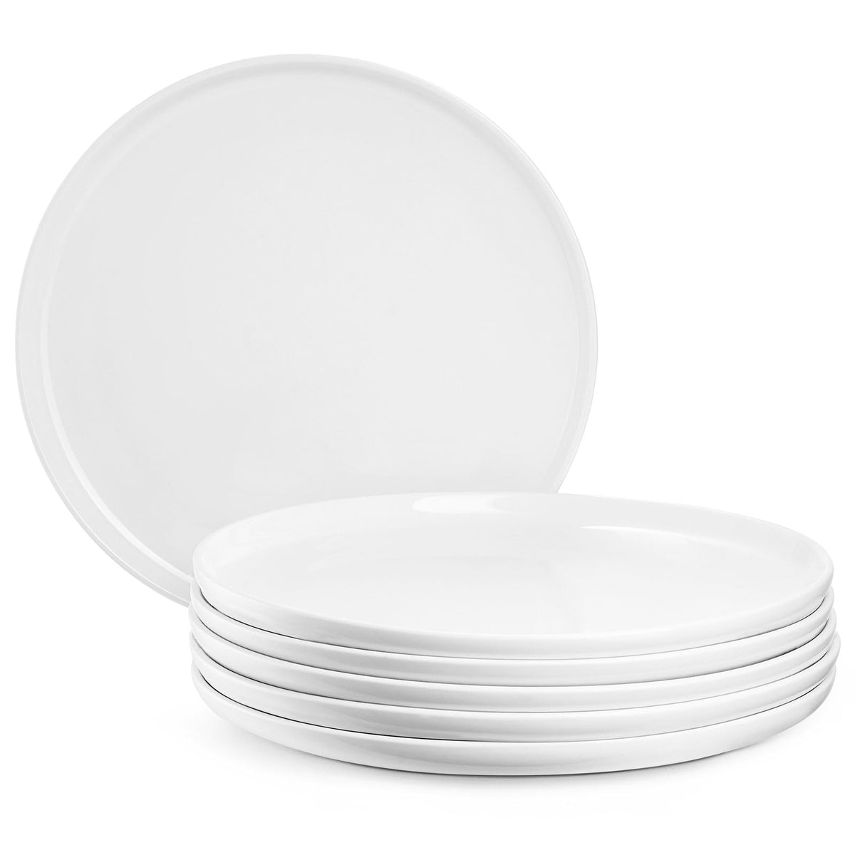 Jassceram 10.5 Inch Dinner Plates Set of 6, Round, White | Ceramic Plates for Kitchen or Restaurant, Low-Rim, Microwave, Oven, Dishwasher Safe, Scratch Resistant and Lead-free