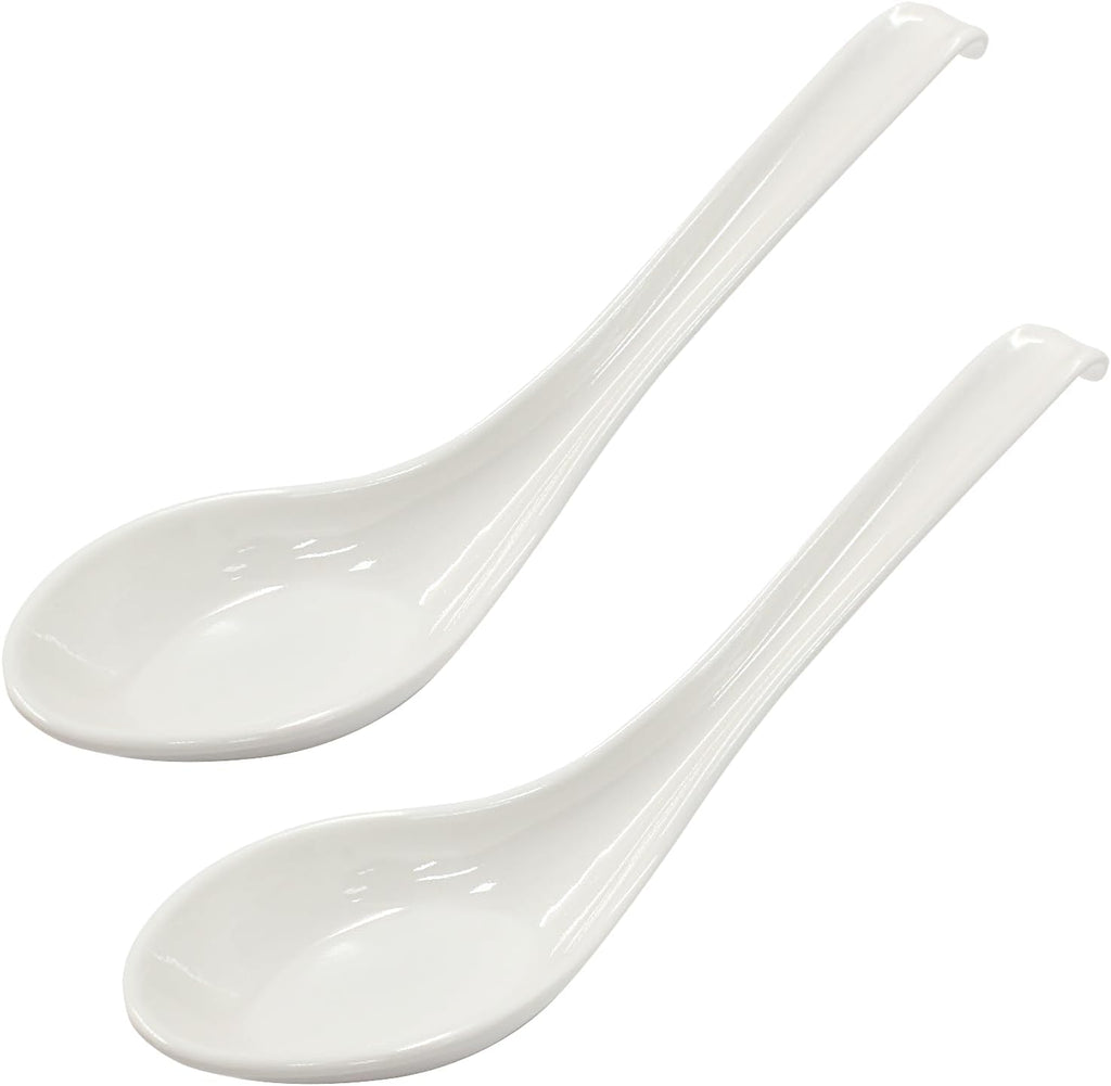 Asian Soup Spoons, 2PCS, White Melamine | Chinese Japanese Miso Ramen, Wonton Dumpling Pho, Rice Noodle Soba