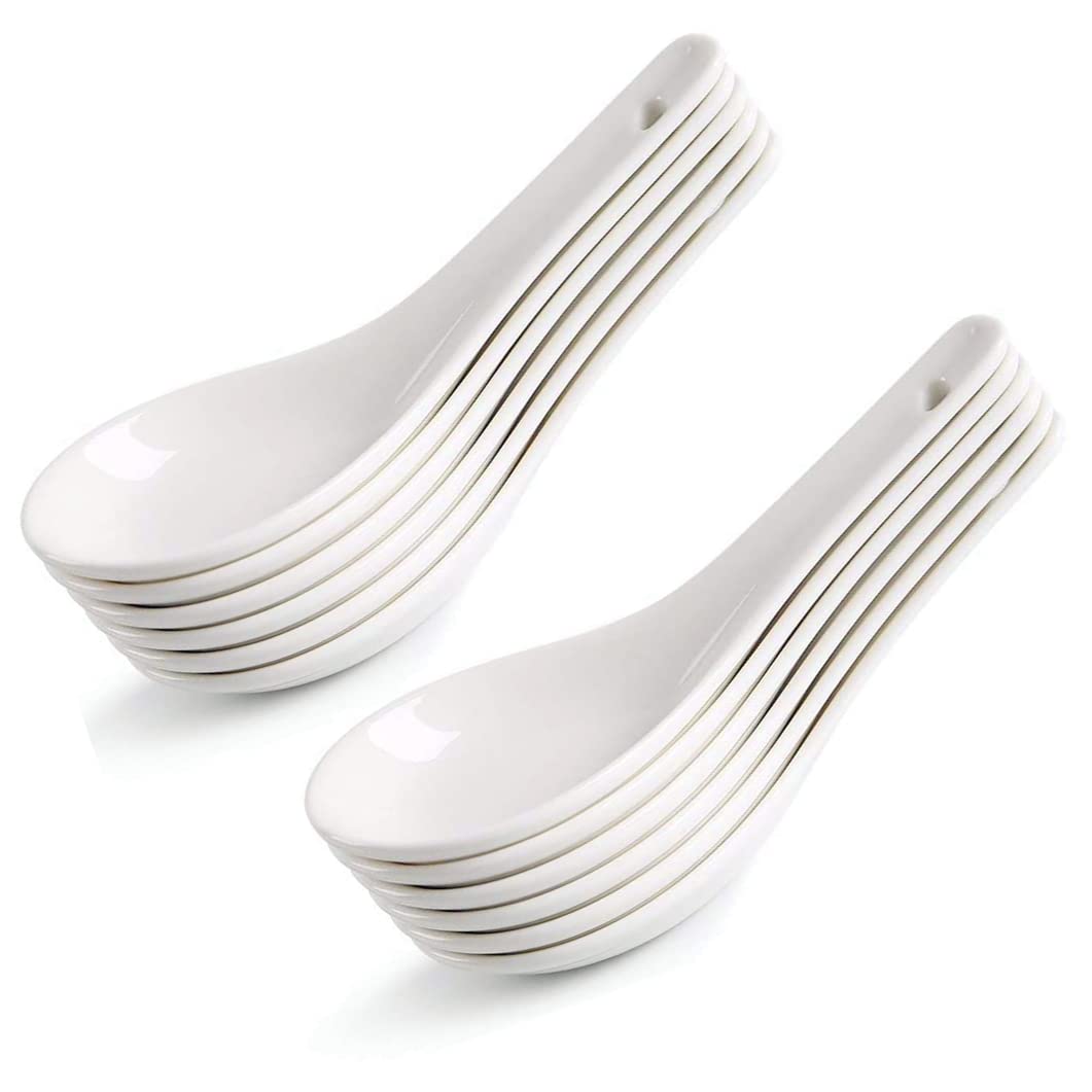 Soup Spoons, 6pcs Sturdy Asian Ceramic Spoons | Ceramic Soup Spoons, Proper for Pho Miso Wonton Ramen Dumpling Macaron, Dishwasher Safe, Oven Safe