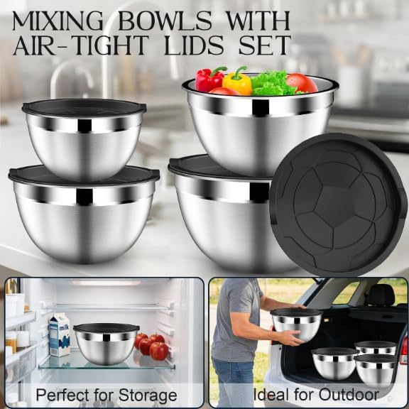 DUTZUN Mixing Bowls with Lids Set, Stainless Steel Mixing Bowls with Colander, Strainer with Mixing Bowl Set, Serving Bowl Kitchen Gift, Size 4.5, 2.5, 2, 1.5QT - Black