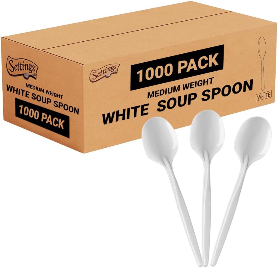 Settings Plastic Soup Spoons Heavy Duty Disposable Cutlery, 1000 Count | Bulk white utensils for chili, stew, parties, weddings, catering & restaurants; BPA free deep bowl won't bend in broth