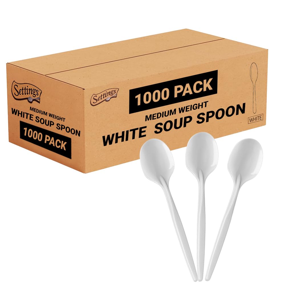 Settings Plastic Soup Spoons Heavy Duty Disposable Cutlery, 1000 Count | Bulk white utensils for chili, stew, parties, weddings, catering & restaurants; BPA free deep bowl won't bend in broth
