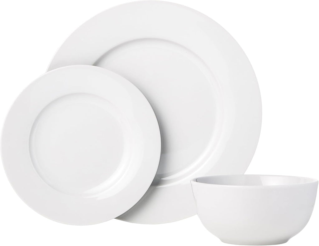Amazon Basics Porcelain Dinnerware Set, Microwave and Dishwasher Safe, Service for 6, 18-Piece, Plates, Bowls, White