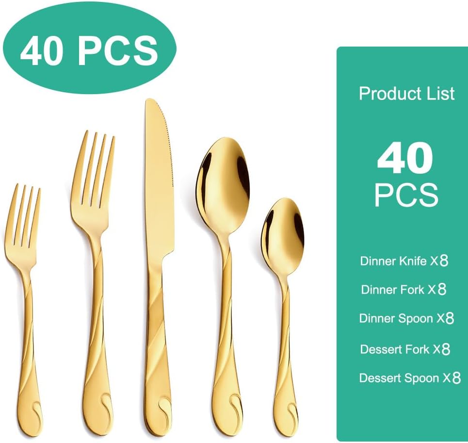 Gold Stainless Steel Flatware Set for 8, 40-Piece Silverware Set | Shiny Gold Metal Cutlery Set, Rust-Resistant, Include Spoon, Fork and Knife Set, Dishwasher Safe, for Dinner/Parties/Banquets