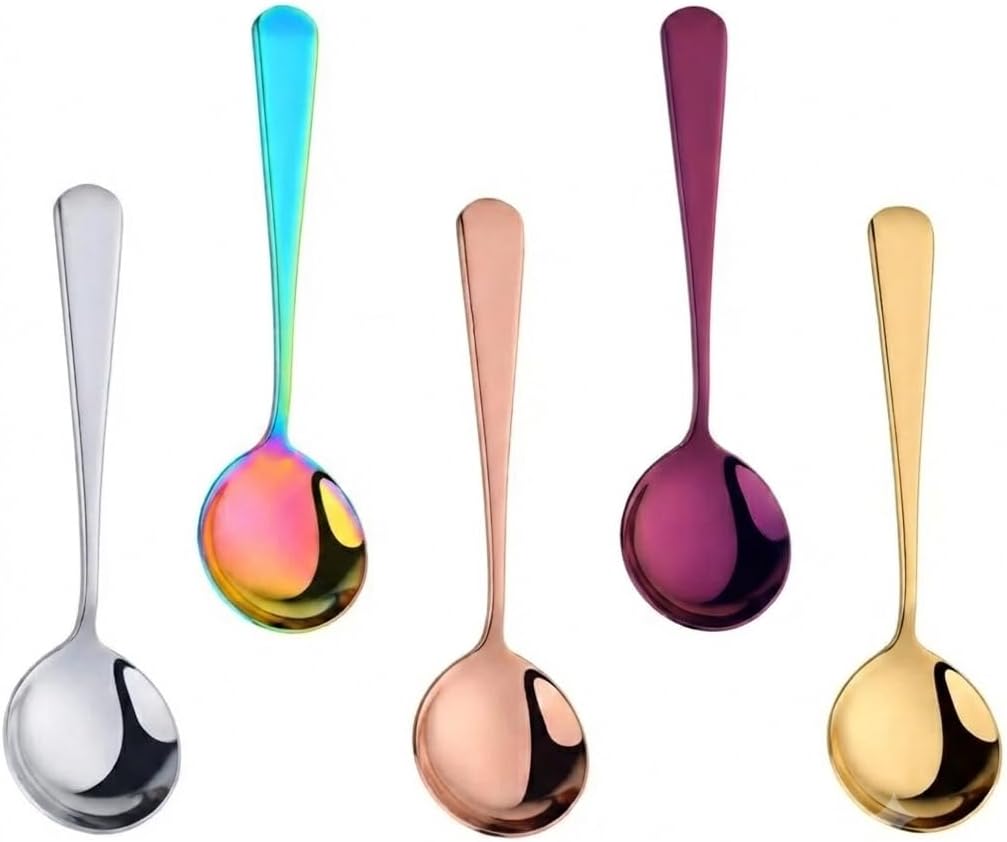 5 Color Soup Spoon set, Round Stainless Steel Bouillon Spoons 6-inch Metal Soup Spoon Flatware Set