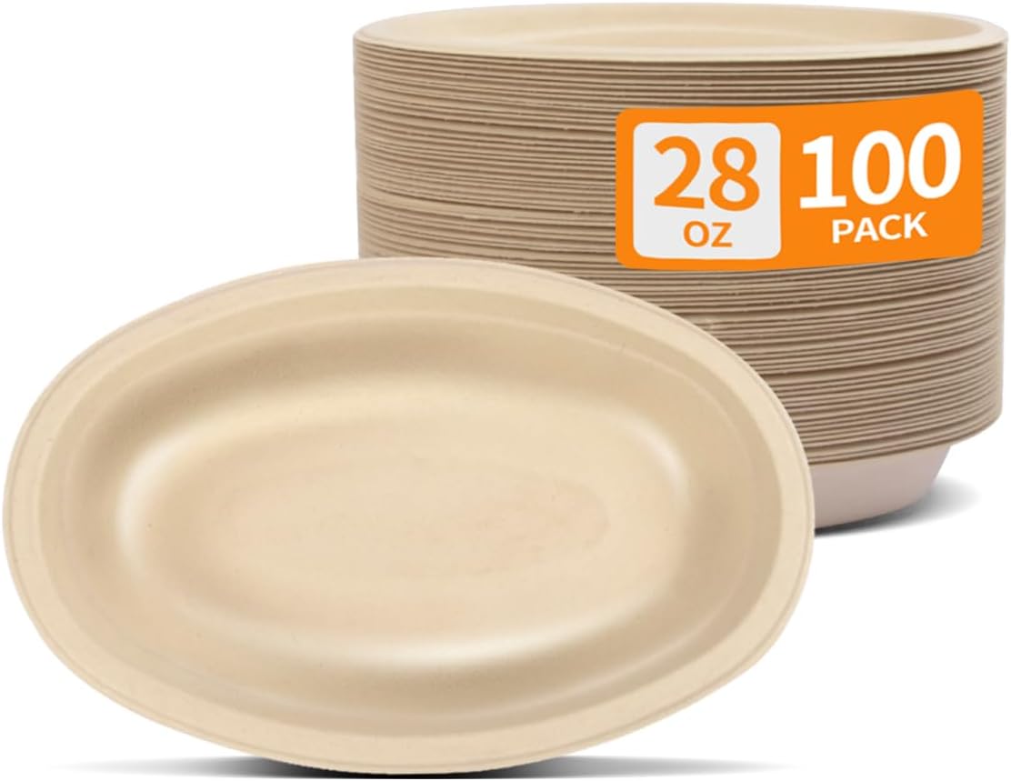 28 oz Oval Paper Bowls 100 Pack For Burrito, Nacho, Taco Salad | PFAS-Free Oval Disposable Bowls As Nacho Trays Chipotle Serving Bowls Taco Boats, Compostable Microwavable Taco Bar Supplies