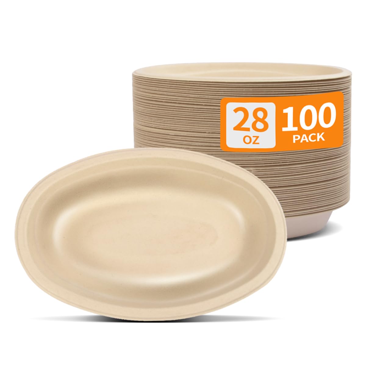 28 oz Oval Paper Bowls 100 Pack For Burrito, Nacho, Taco Salad | PFAS-Free Oval Disposable Bowls As Nacho Trays Chipotle Serving Bowls Taco Boats, Compostable Microwavable Taco Bar Supplies
