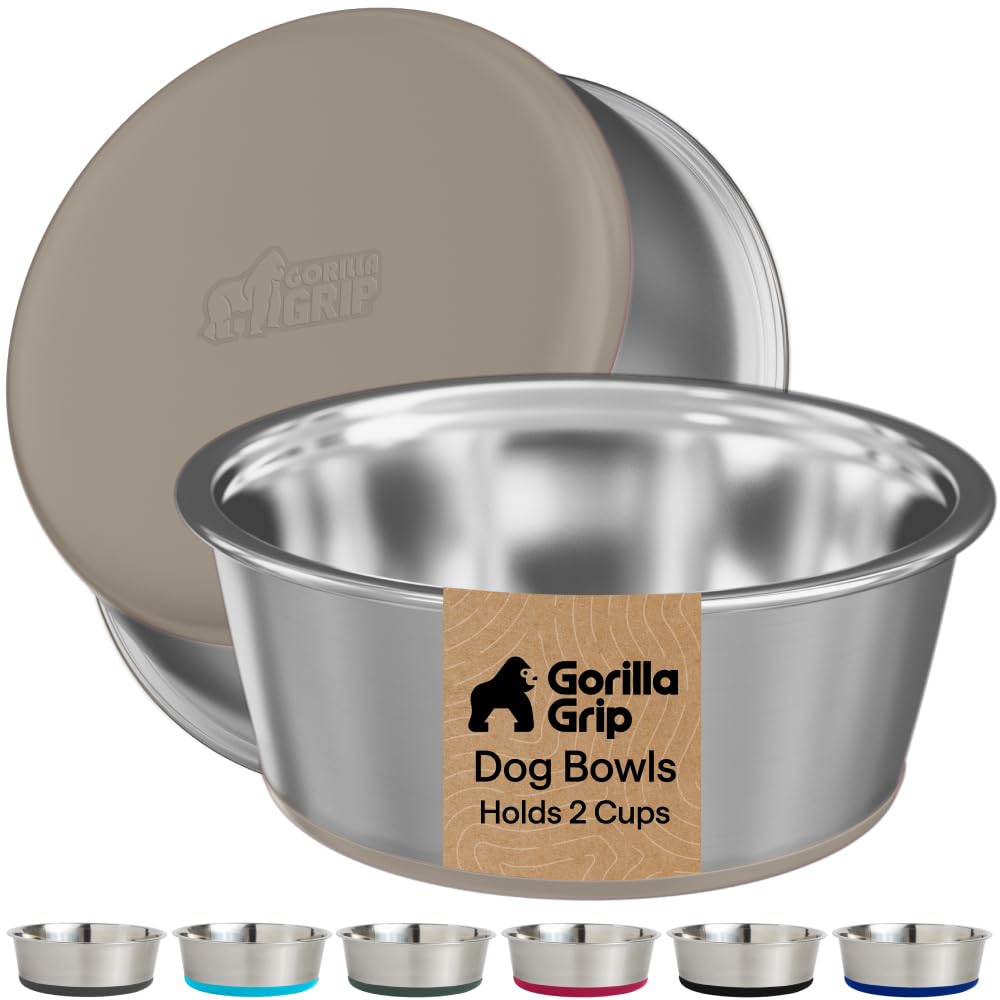 GORILLA GRIP Dog Bowls, Food Grade 304 Stainless Steel, Holds 2 US Cups Each (16 fl oz) Food and Water Bowl for Feeding Dogs and Cats, Dishwasher Safe, Rust Resistant BPA Free Rubber Base, 2 Set Black