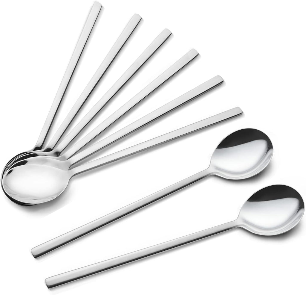 IQCWOOD Spoons, 8 Pcs Korean Spoon, 8.5 Inch Stainless Steel Soup Spoons | Korean Soup Spoons with Long Handle, Smooth Edges & Mirror Finish, Flatware Set for Everyday Home, Kitchen, or Restaurant Use