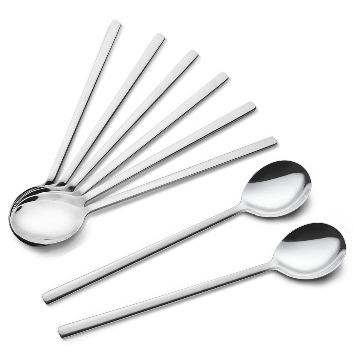 IQCWOOD Spoons, 8 Pcs Korean Spoon, 8.5 Inch Stainless Steel Soup Spoons | Korean Soup Spoons with Long Handle, Smooth Edges & Mirror Finish, Flatware Set for Everyday Home, Kitchen, or Restaurant Use