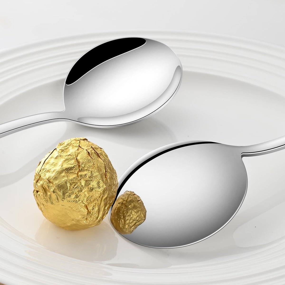 Round Soup Spoons Set of 8, 7.4 Inch Classic Metal Kitchen Silverware Spoons, Mirror Polished Stainless Steel Spoons for Cereal, Dessert