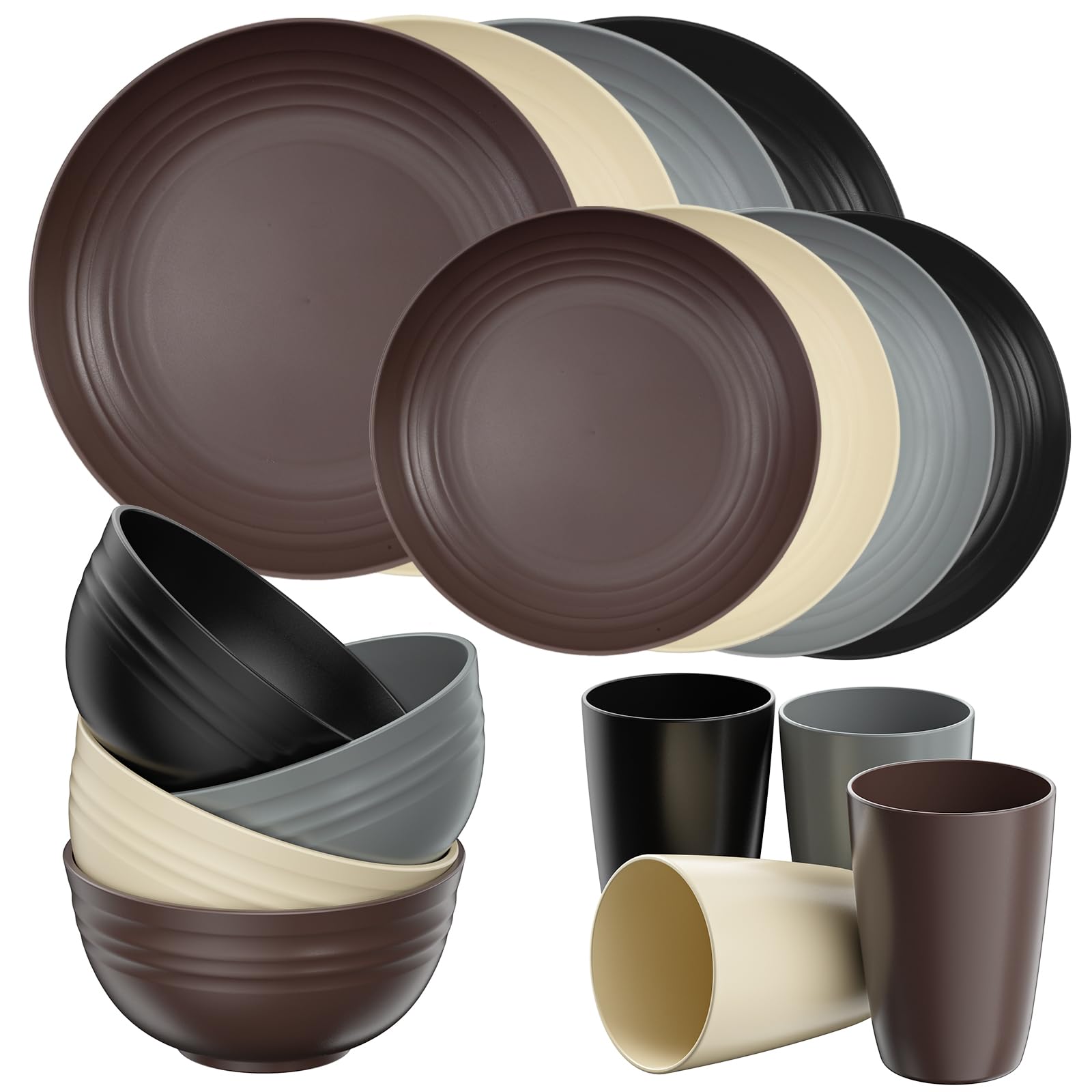 Quatish 24 Piece Plates and Bowls Sets for 6, Unbreakable Dinnerware Sets, Dish Set for Camping, Dishwasher Microwave Safe, Outdoor Kitchen and Apartment Dorm Dinning RV Essentials, Black