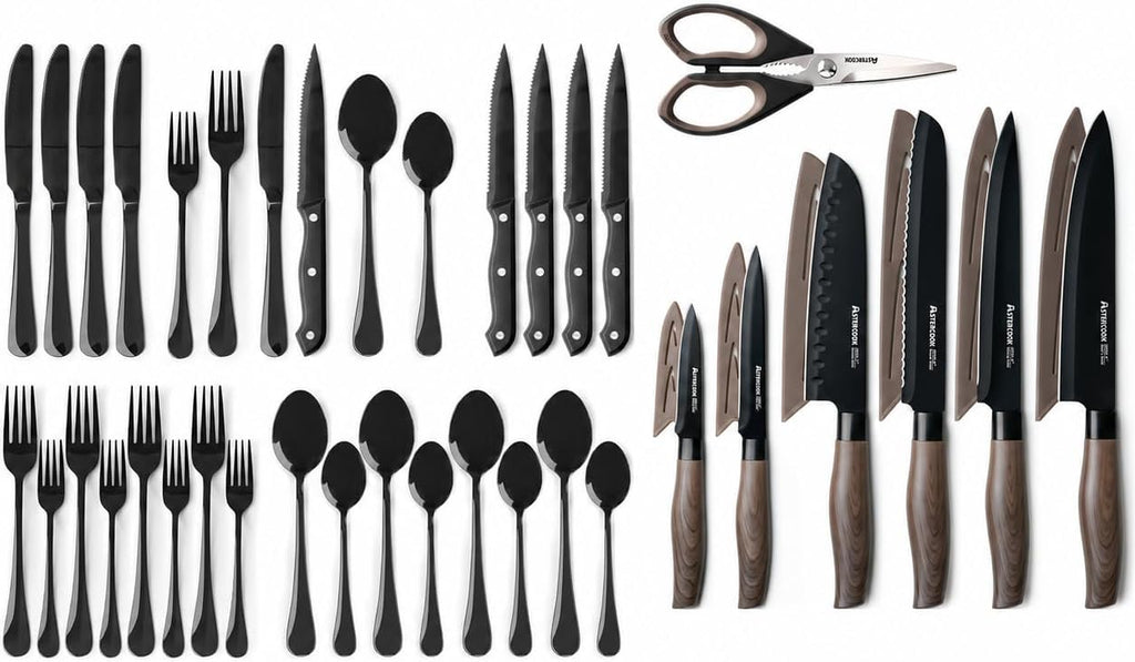 Astercook 24-Piece Black Silverware Set and 13-Piece Kitchen Knives Set