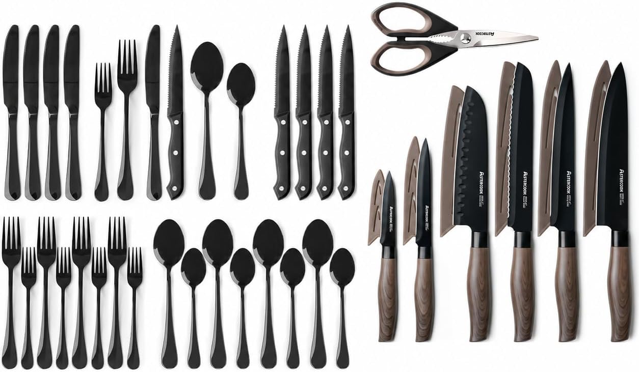 Astercook 24-Piece Black Silverware Set and 13-Piece Kitchen Knives Set