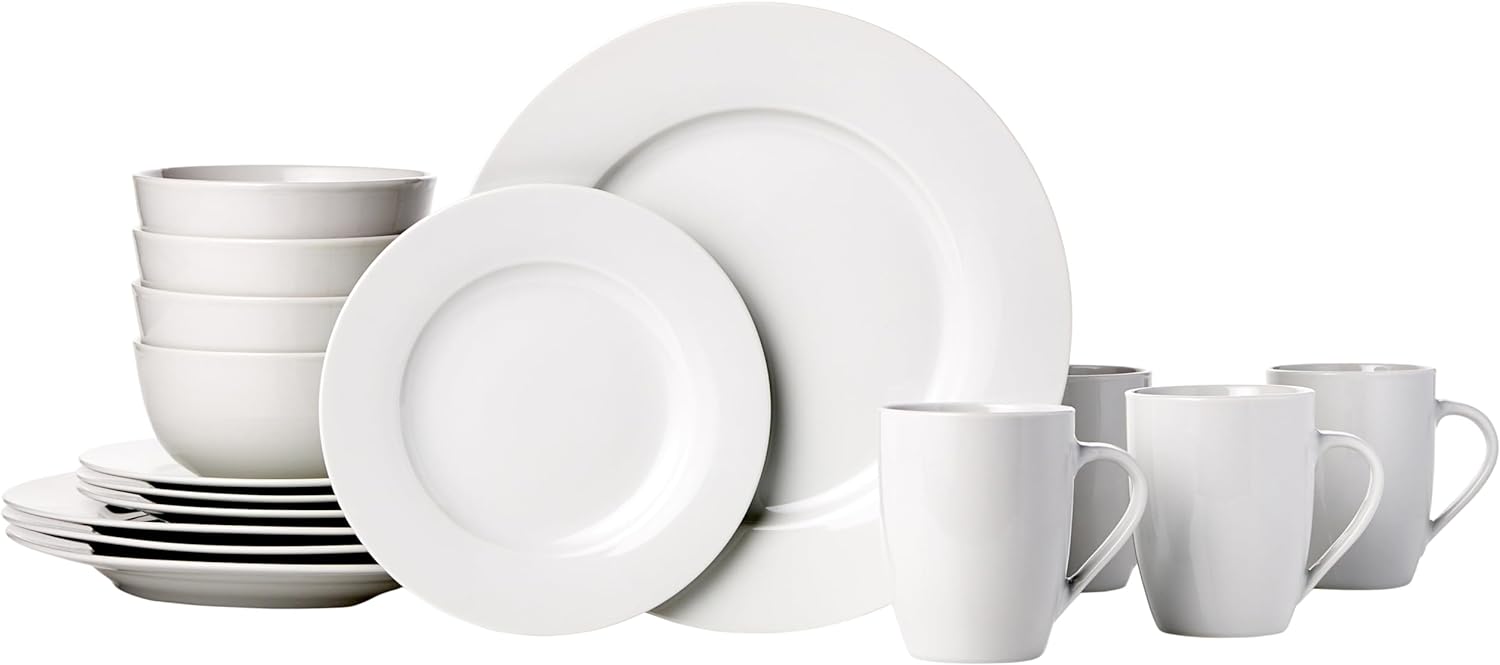 Amazon Basics 16-Piece Porcelain Dinnerware Set, Microwave and Dishwasher Safe, Service for 4, Plates, Bowls and Mugs, White
