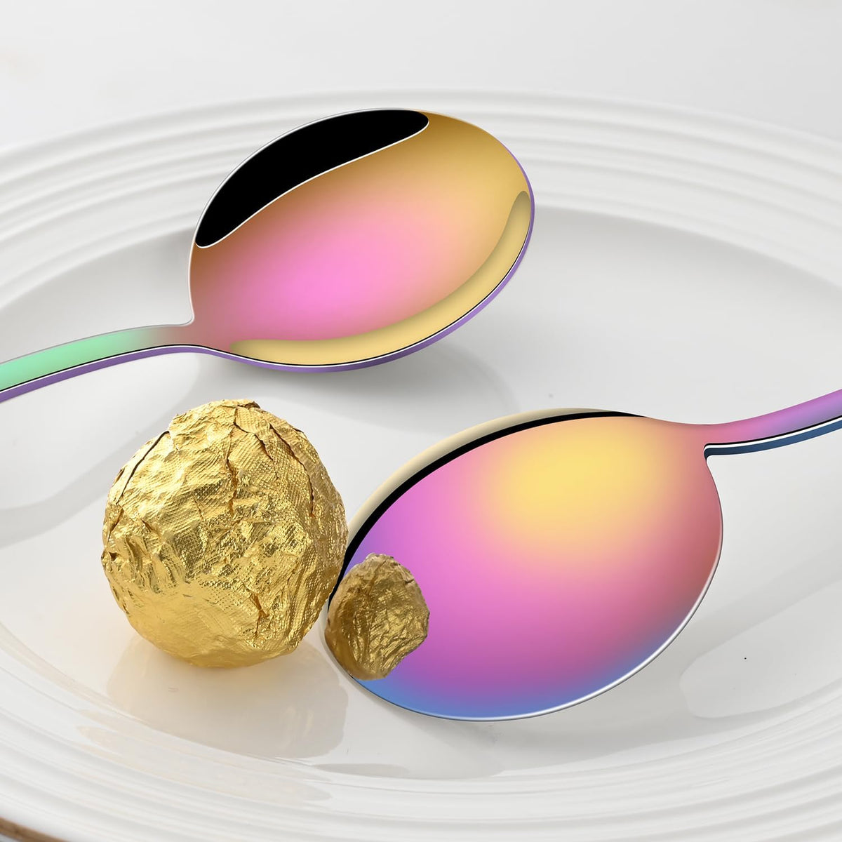 8-Piece Rainbow Soup Spoons Set, 7.4 Inch Colorful Stainless Steel Silverware Round Spoon Set, Mirror Polished Iridescent Metal Spoons for Cereal & Dessert