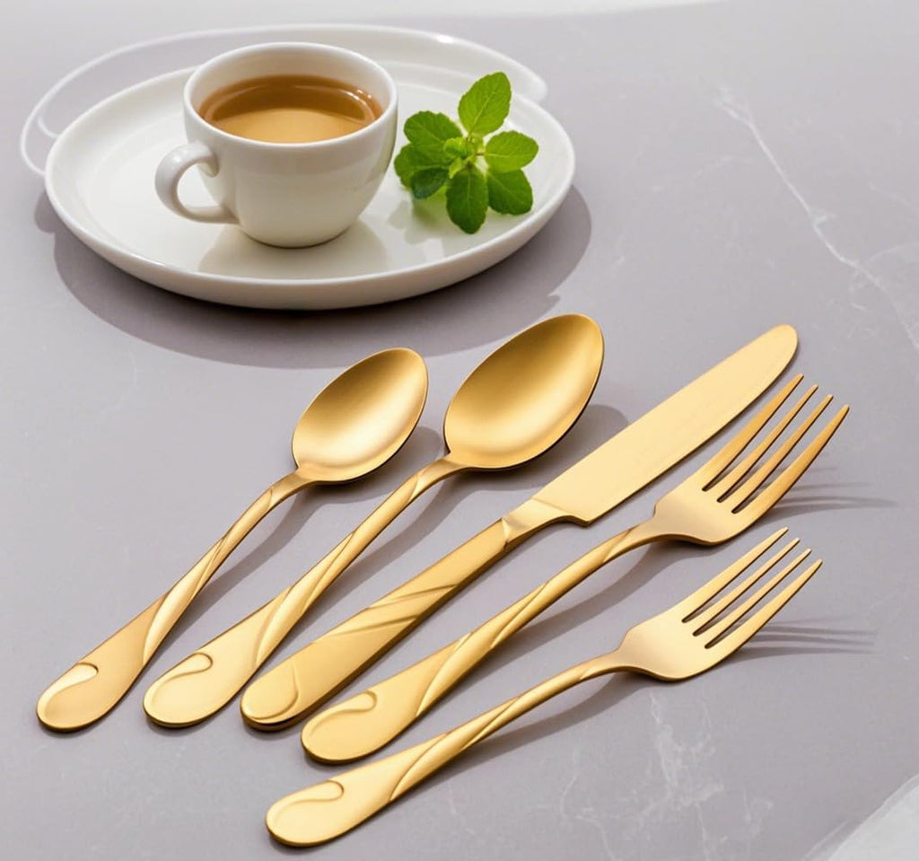 Gold Stainless Steel Flatware Set for 8, 40-Piece Silverware Set | Shiny Gold Metal Cutlery Set, Rust-Resistant, Include Spoon, Fork and Knife Set, Dishwasher Safe, for Dinner/Parties/Banquets