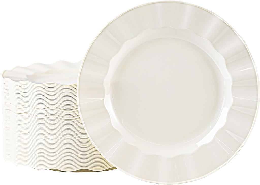 72 Pack Ivory Plastic Plates, 10" Disposable Wave Edge Dinner Plates | Elegant Heavy Duty Serving Dishes for Party, Wedding, Thanksgiving, Christmas