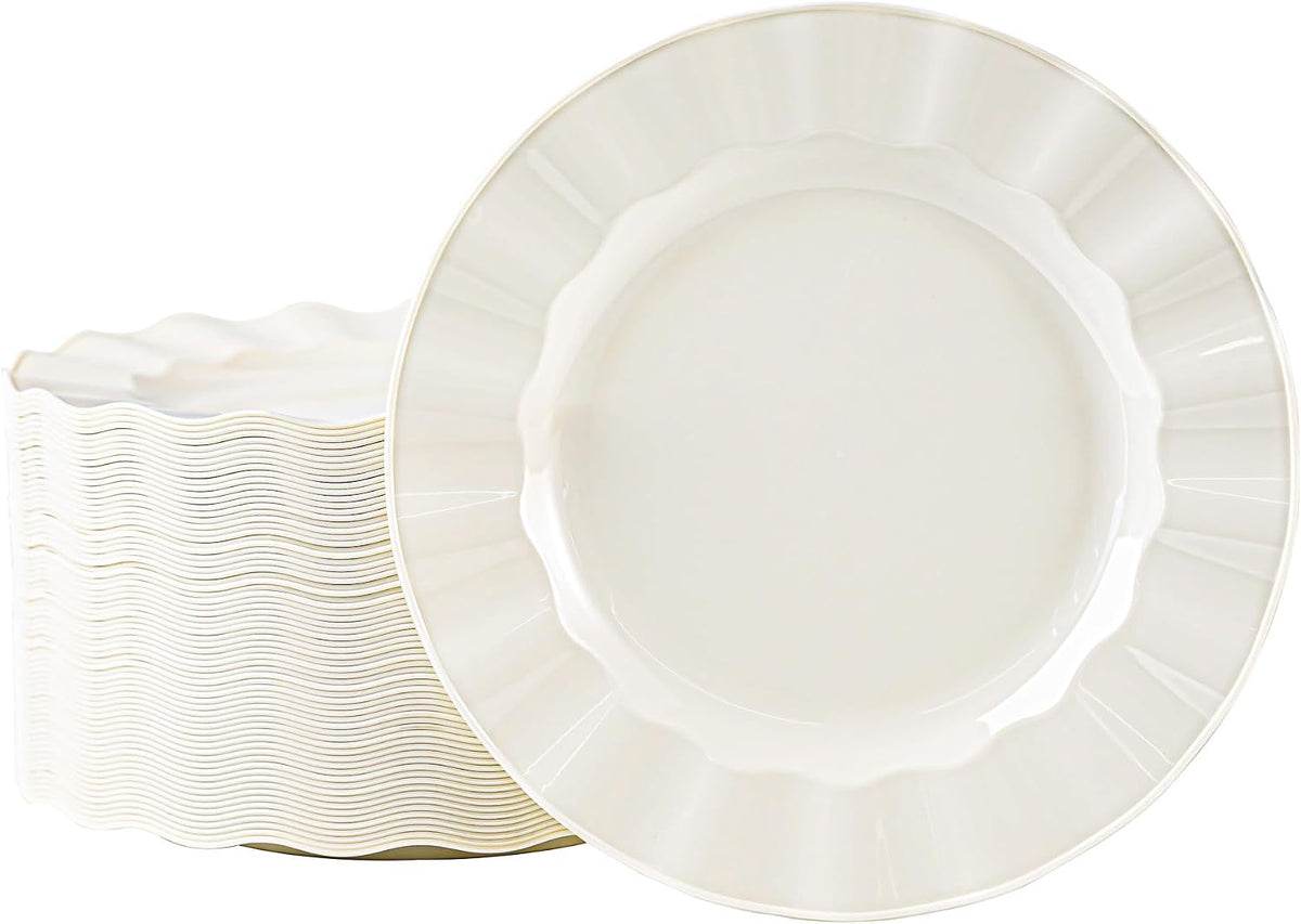 72 Pack Ivory Plastic Plates, 10" Disposable Wave Edge Dinner Plates | Elegant Heavy Duty Serving Dishes for Party, Wedding, Thanksgiving, Christmas