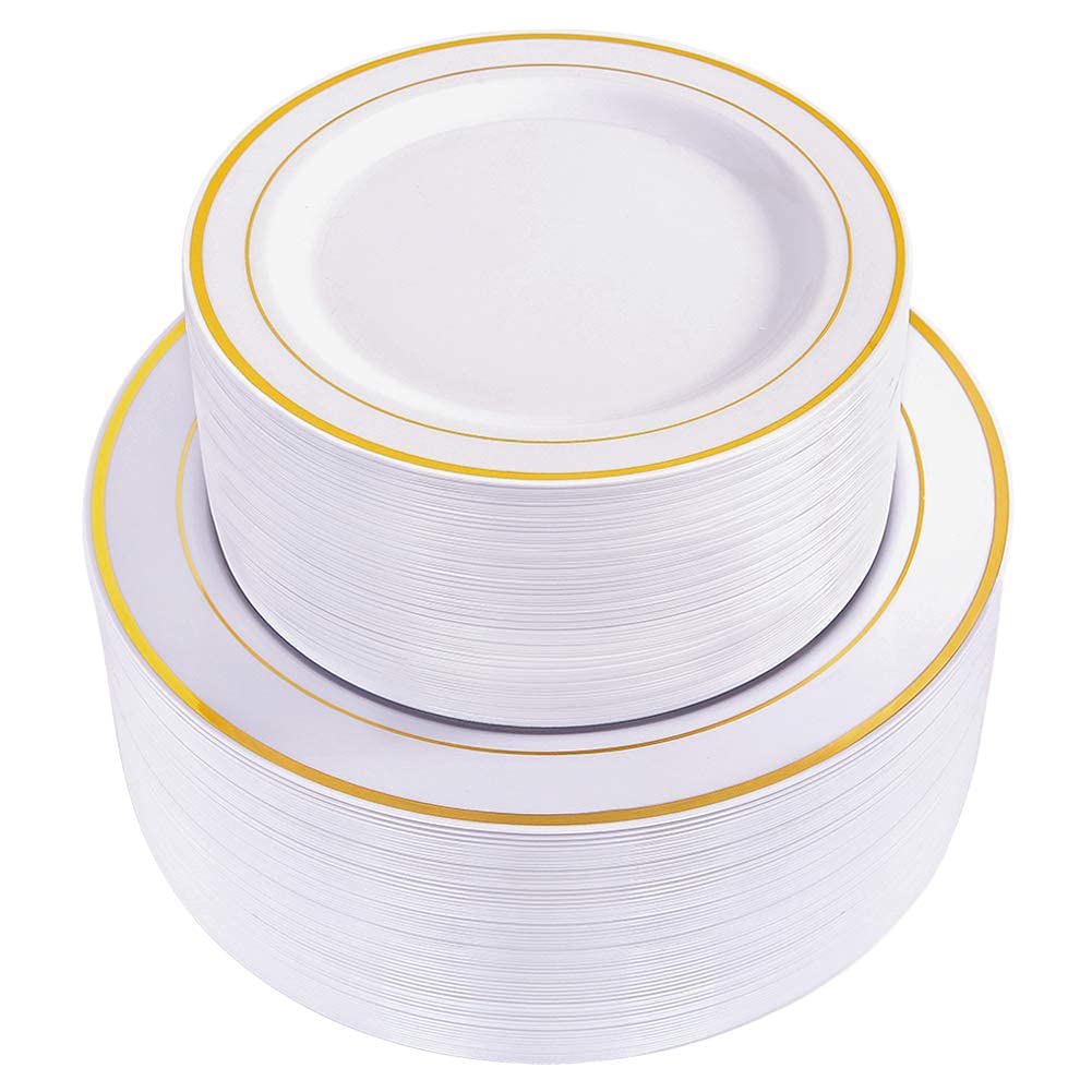 120PCS Plastic Plates White Silver Rim - Disposable Plates including 60PCS for Dinner 10.25inch, 60 Salad/Dessert Plates 7.5inch Heavy Duty Wedding Party Birthday