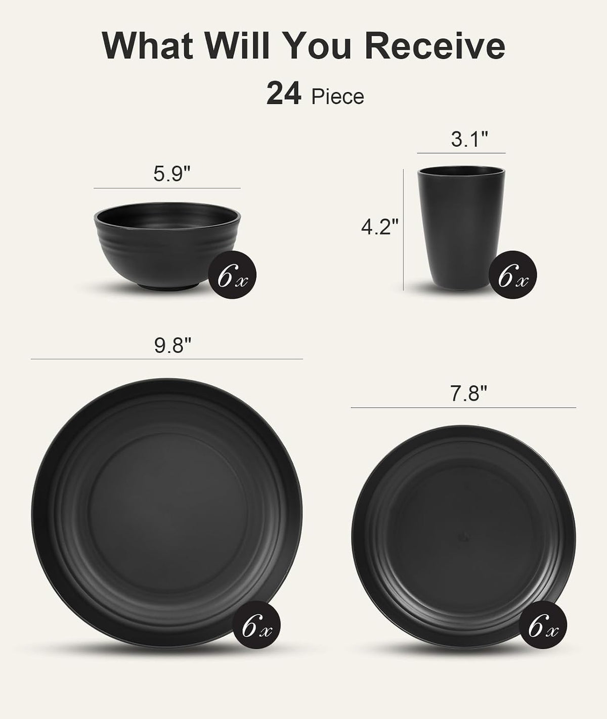 Quatish 24 Piece Plates and Bowls Sets for 6, Unbreakable Dinnerware Sets, Dish Set for Camping, Dishwasher Microwave Safe, Outdoor Kitchen and Apartment Dorm Dinning RV Essentials, Black