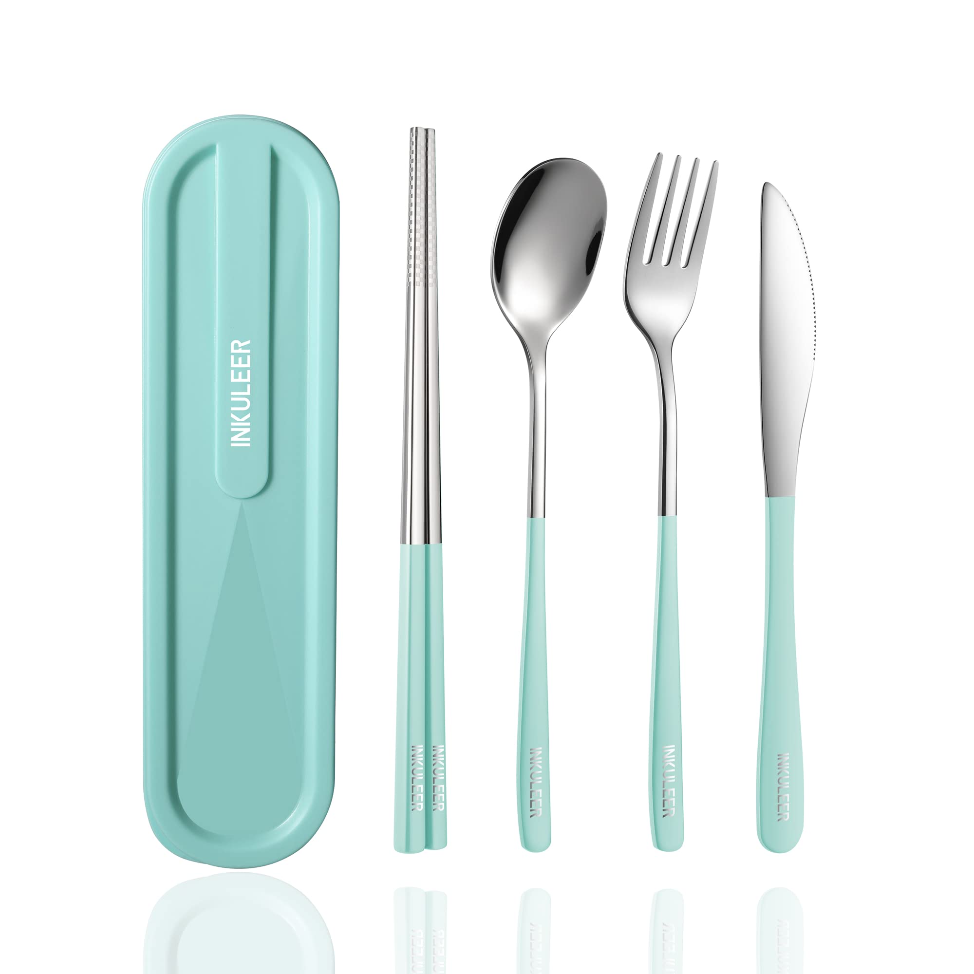iNKULEER Travel cutlery set, 18/8 stainless steel cutlery, Reusable utensils set with case, Portable Silverware Lunch Box for Camping and Office (Pink)