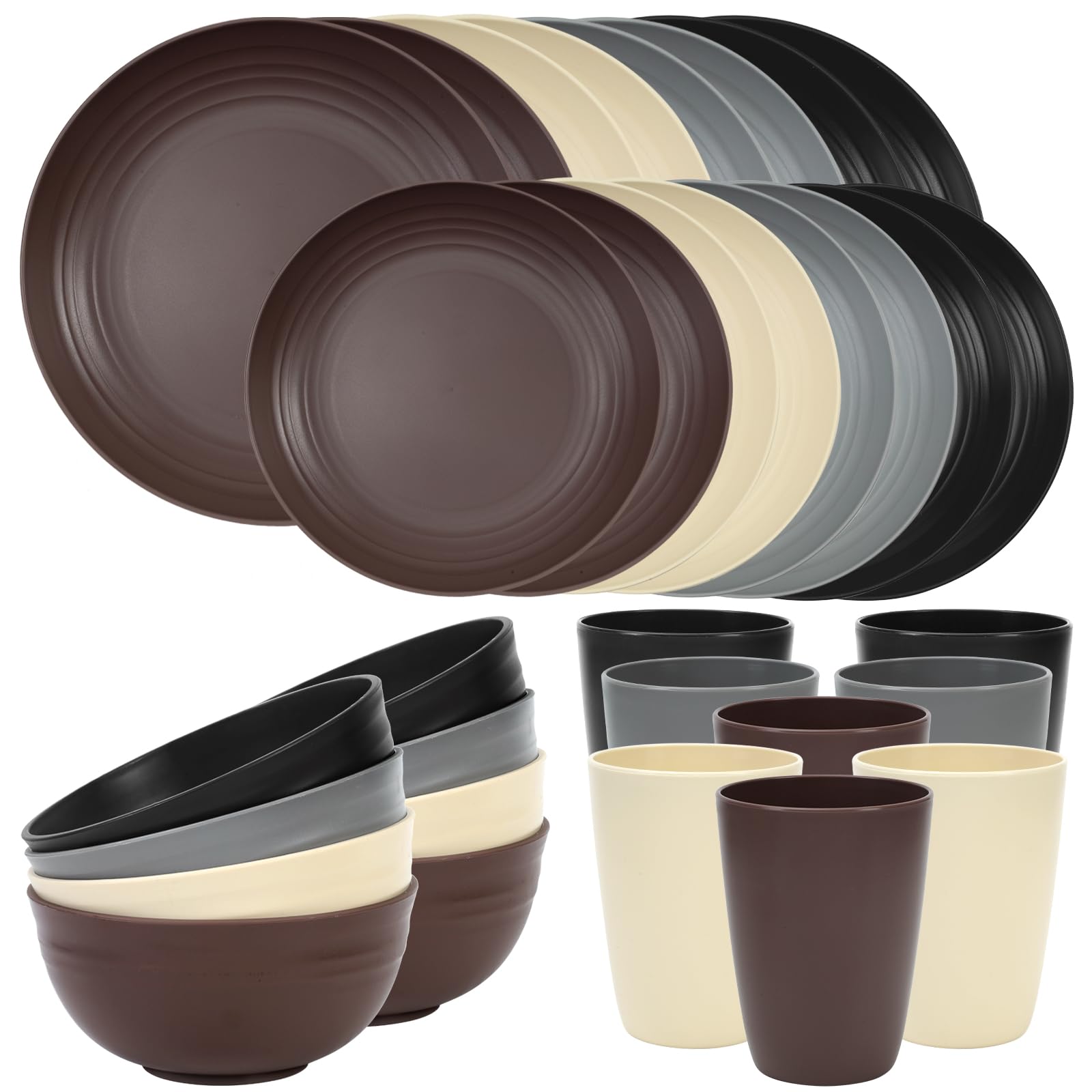 Quatish 24 Piece Plates and Bowls Sets for 6, Unbreakable Dinnerware Sets, Dish Set for Camping, Dishwasher Microwave Safe, Outdoor Kitchen and Apartment Dorm Dinning RV Essentials, Black