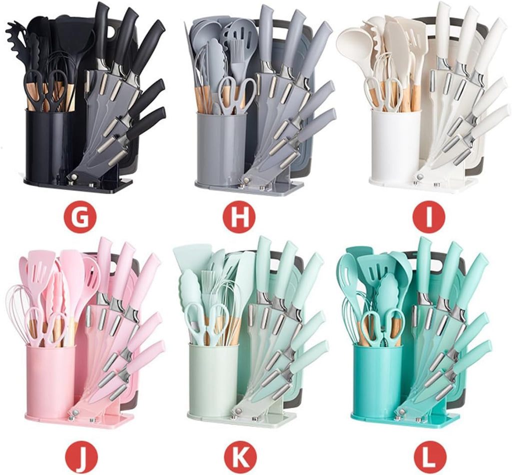 19 Pieces Kitchen Cooking Utensils and Knife Set with Holder Block, Include 11 Pcs Silicone Cooking Utensils 5 Pcs Sharp Stainless Steel Knives Scissors Whisk Tongs and Cutting Board (WHITE)