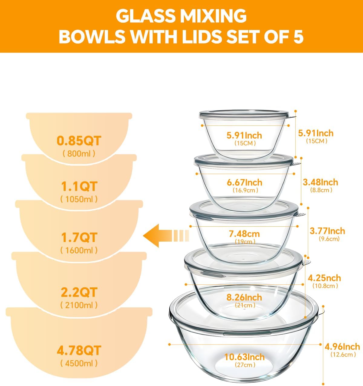 Glass Mixing Bowls with Lids Set of 5(4.78QT,2.2QT,1.7QT,1.1QT,0.85QT),Thick Glass Nesting Bowls for Kitchen Baking,Cooking Prep,Storage,Serving,Large Salad Bowls,Dishwasher Microwave Freezer Safe