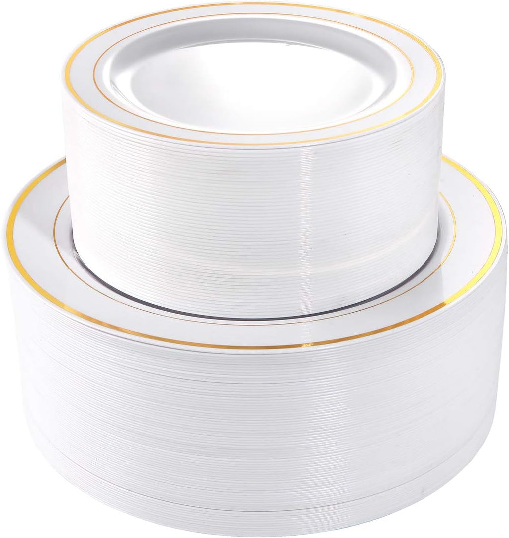 102 Pcs Gold Plastic Plates, Premium Disposable Gold Plates | Gold Rimmed Plastic Plates, BPA Free, Perfect for Wedding, Holidays, Party, 51 Dinner(10.25’’) & 51 Dessert(7.5’’) Plates