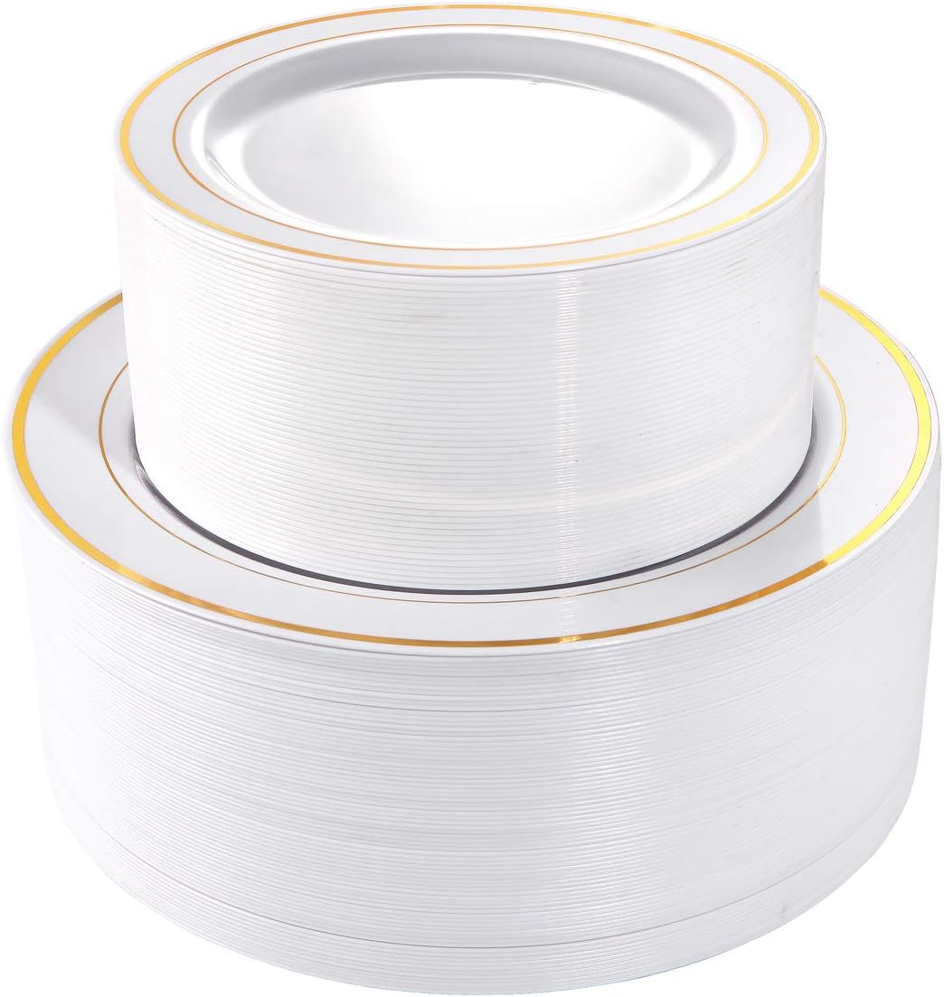 102 Pcs Gold Plastic Plates, Premium Disposable Gold Plates | Gold Rimmed Plastic Plates, BPA Free, Perfect for Wedding, Holidays, Party, 51 Dinner(10.25’’) & 51 Dessert(7.5’’) Plates