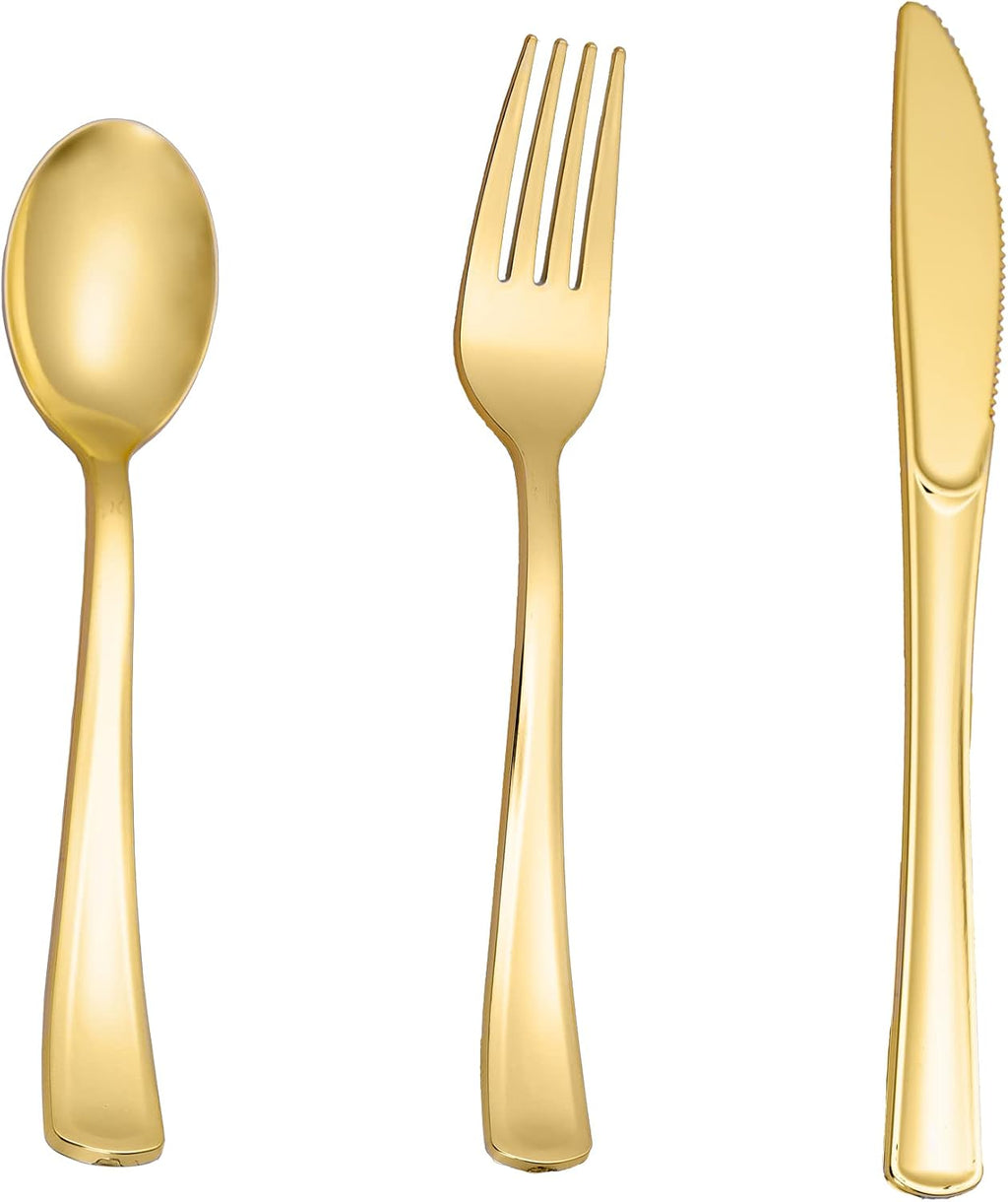 160PCS Gold Plastic Silverware, Disposable Plastic Cutlery/Utensils | Heavy Duty Flatware Kit , 80 Forks, 40 Spoons, 40 Knives , for Party, Wedding, Birthday & Everyday Use